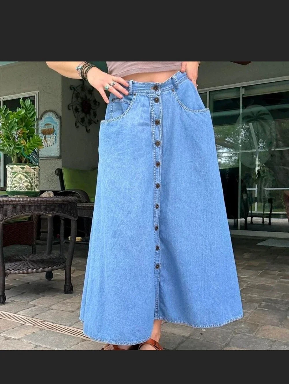 White Stag Light Blue Button-Front Denim Maxi Skirt - Picture 3 of 5